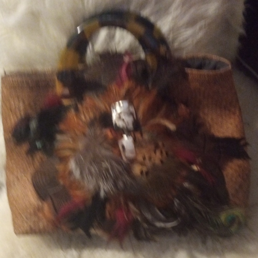 Feather-Embellished Straw Satchel Tote - Brown